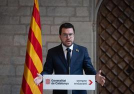 El presidente de la Generalitat, Pere Aragonès, durante una rueda de prensa tras la reunión del Govern para valorar el informe para pactar un referéndum de autodeterminación.