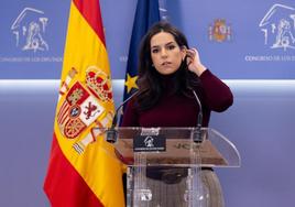 Pepa Millán, portavoz de Vox, en una rueda de prensa en el Congreso, esta mañana