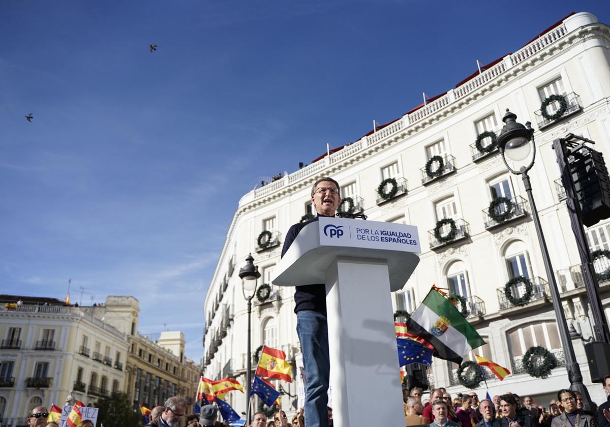 Alberto Núñez Feijóo en la concentración el Puerta del Sol