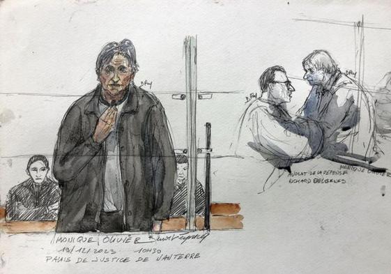 Retrato de Monique Olivier realizado por el dibujante judicial durante una de las sesiones del juicio.