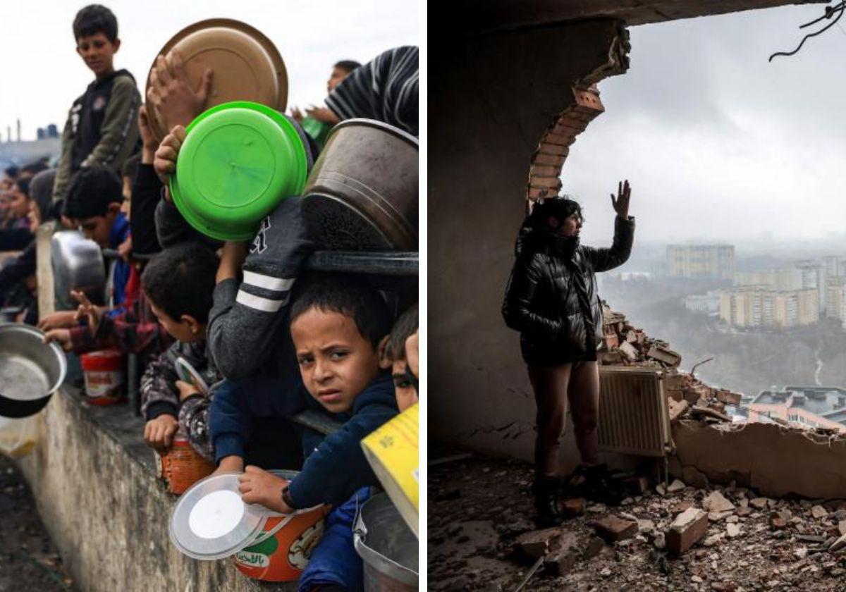 A la izquierda, decenas de niños esperan su ración de comida en un campo de refugiados en el sur de Gaza. A la derecha, una vecina de Kiev muestra el enorme agujero en un edificio residencial tras un ataque ruso.