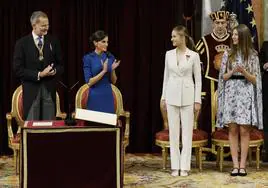 Los Reyes y la infanta Sofía aplauden a la princesa Leonor tras jurar la Constitución.