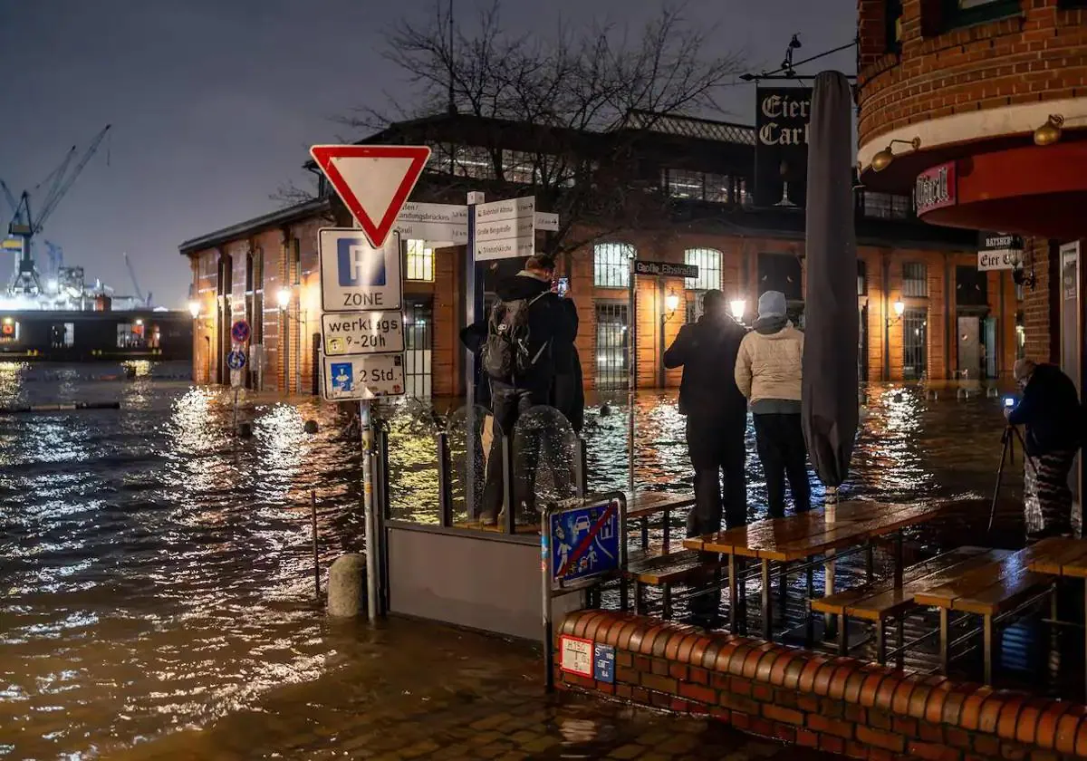 Water floods the streets of Hamburg.