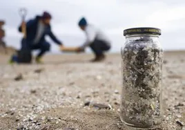 Voluntarios en una recogida de pélets en playas de Galicia.