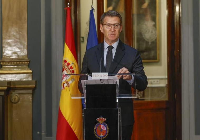 El presidente del PP, Alberto Núñez Feijóo, en un acto en León, esta mañana