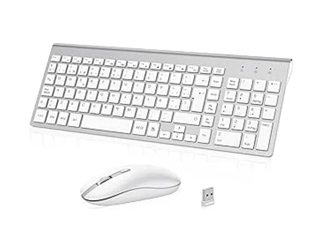 Juego de teclado inalámbrico de JOYACCESS, teclados compactos y silenciosos  y mouse de color rosa, Plateado/Blanco (SILVER+WHITE)