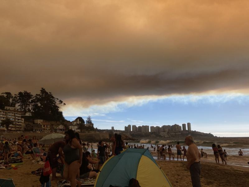 Un grupo de bañistas observa la densa humareda de los incendios en una playa de la localidad de Concón, que acoge dunas únicas en Chile.
