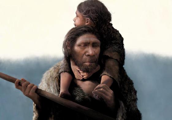 Recreación de un padre neandertal con su hija.