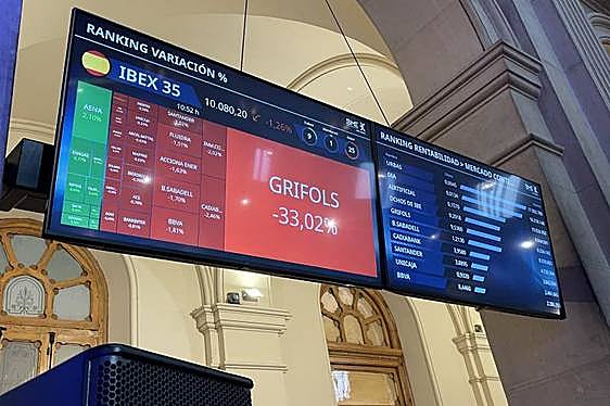 Pantallas de cotización en la Bolsa de Madrid.