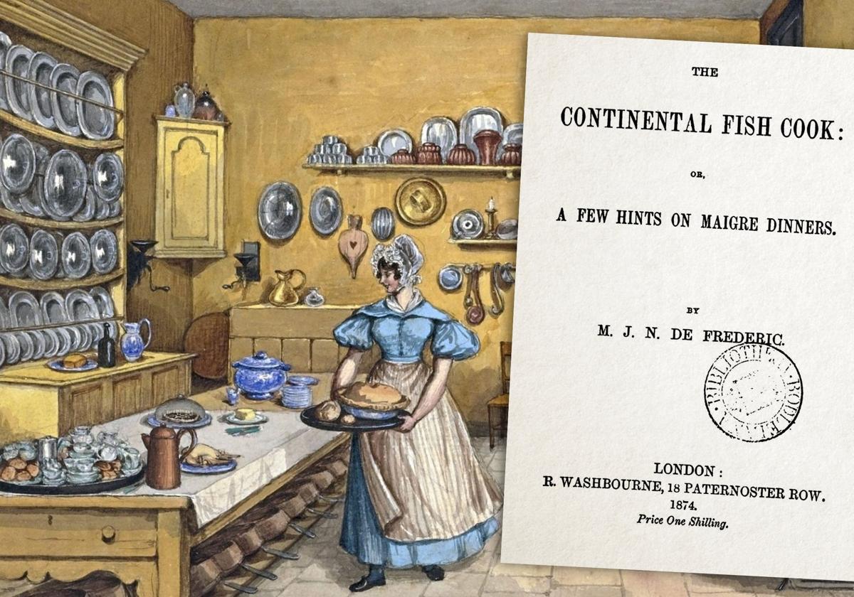 Portada de la primera edición 'The Continental Fish Cook' y estampa de cocina.