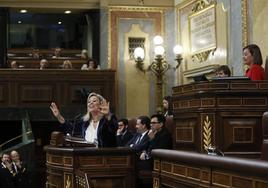 La diputada del PP Macarena Montesinos exige calma a la bancada socialista durante el debate en el Congreso.