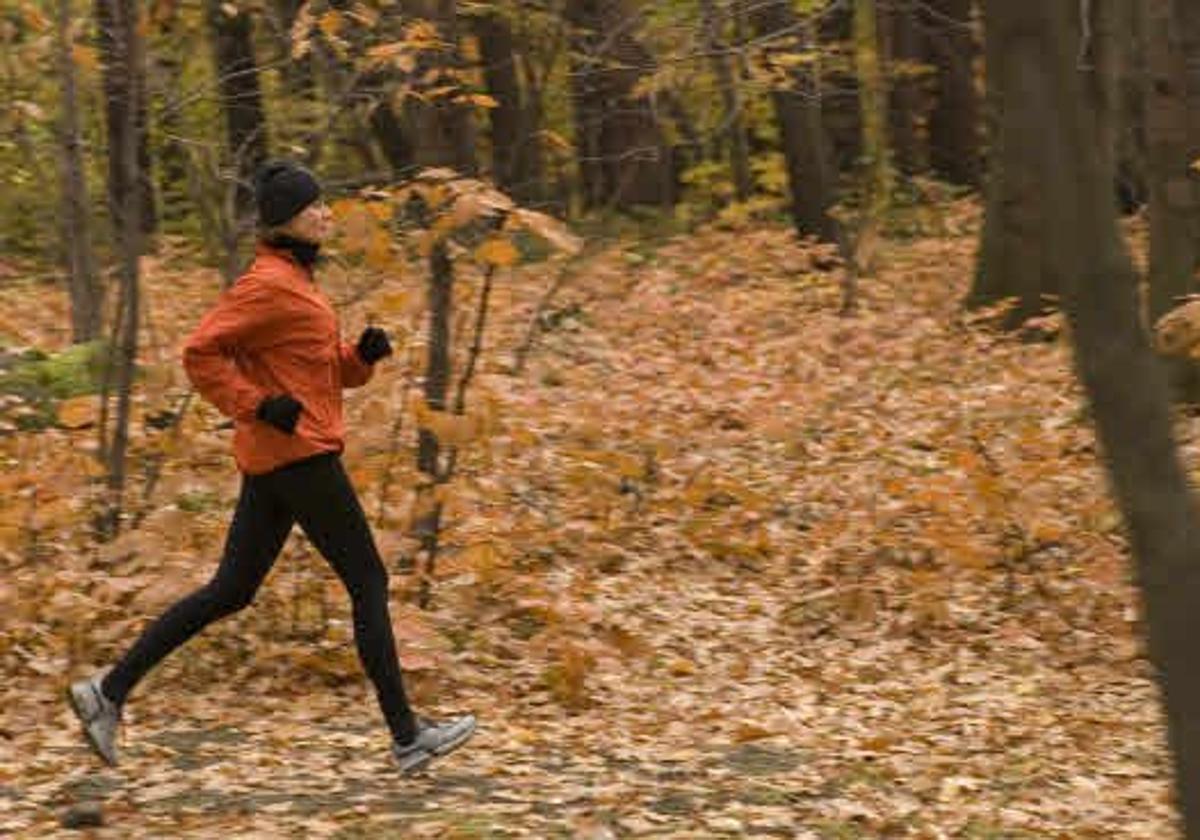 Mujer corre por el sendero de un bosque.