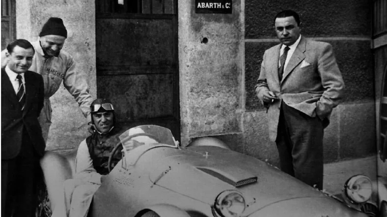Tazio Nuvolari in the Cisitalia-Abarth 204 A. Carlo Abarth on the right
