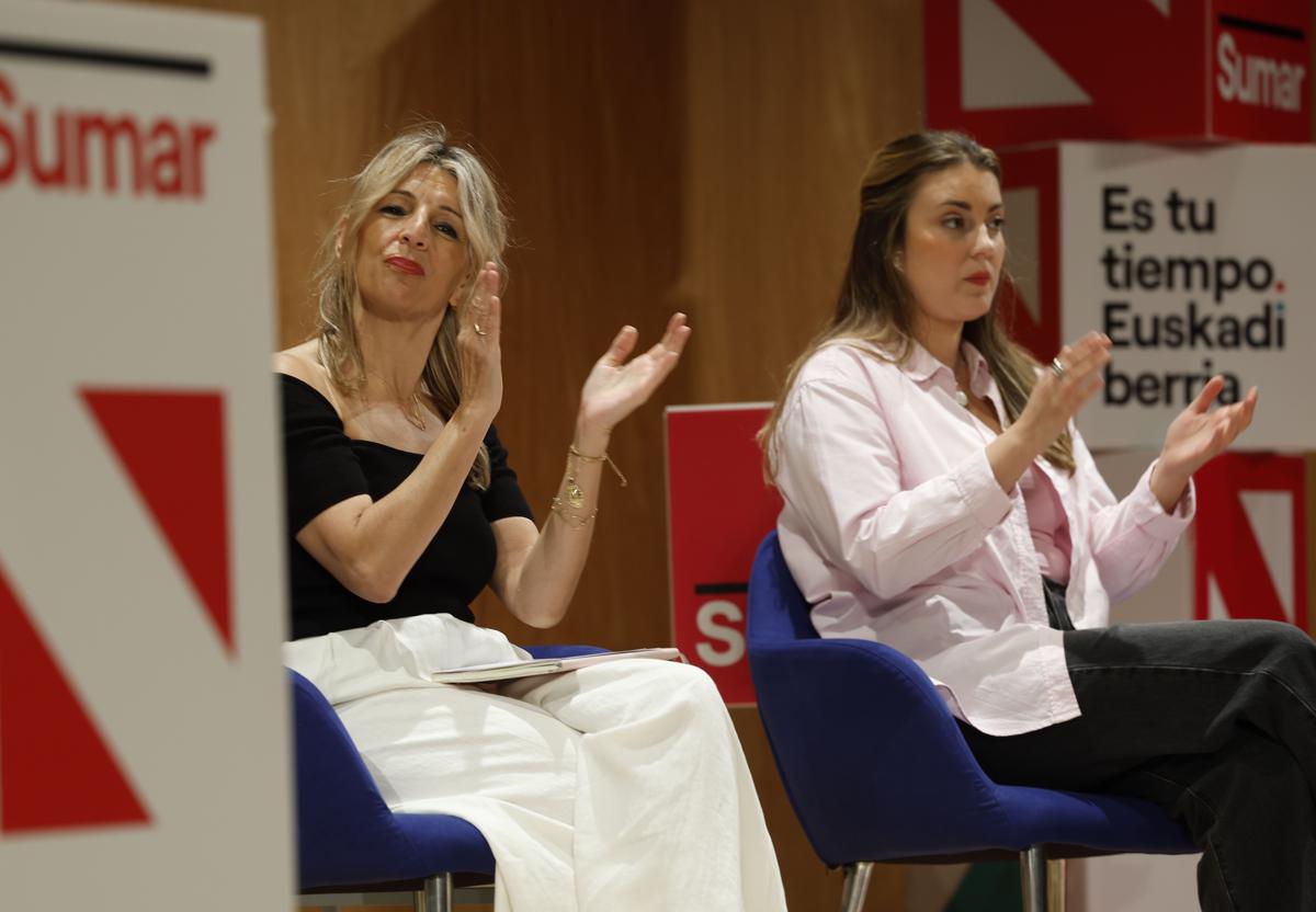 La vicepresidenta y líder de Sumar, Yolanda Díaz, en un acto este sábado junto a la candidata de su partido a lehendakari, Alba García.