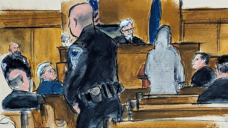 梅尔查法官对预先选定的陪审团成员之一进行询问，他身穿灰色衣服，以免透露他们的外貌细节。