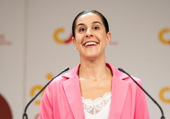 La oro olímpica y tricampeona mundial Carolina Marín, durante una rueda de prensa, en el Consejo Superior de Deportes