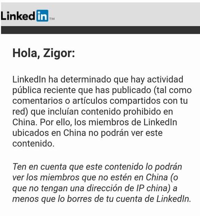 Aviso de LinkedIn sobre el contenido prohibido en China.