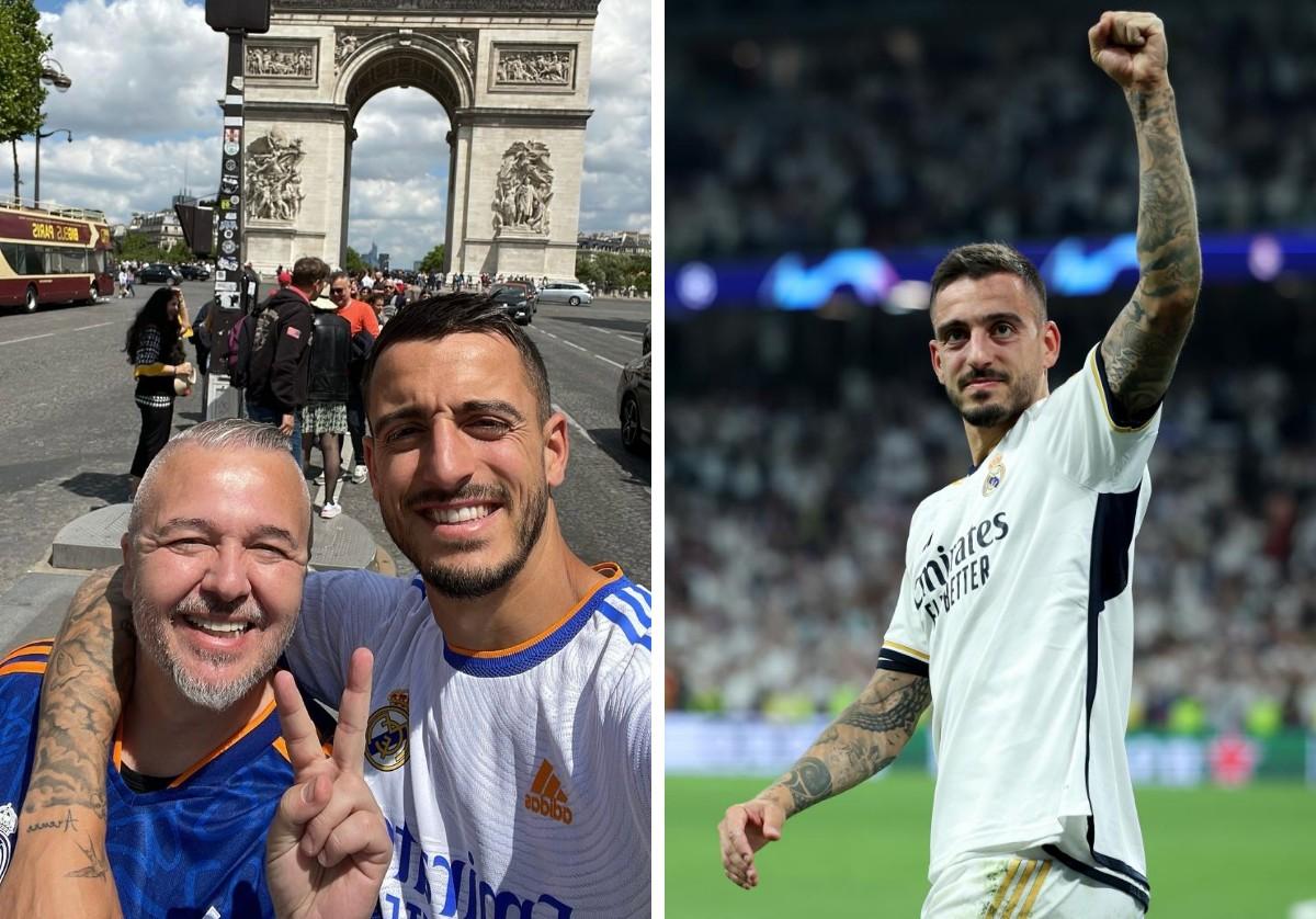 A la izquierda, Joselu junto a su padre en París, donde siguió como aficionado la final de Champions en 2022; a la derecha, celebrando el gol decisivo ante el Bayern.