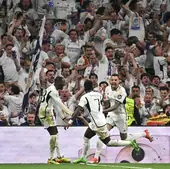 Joselu celebra el segundo con del Real Madrid ante el Bayern de Múnich