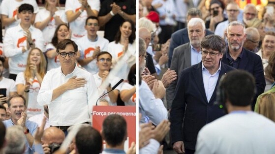 Salvador Illa y Carles Puigdemont, en actos de cierre de campaña.