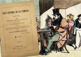 Portada de 'La gran economía de las familias' y litografía con escena de un modesto café.