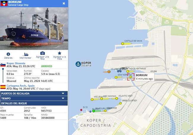 Capttura de pantalla de los datos del 'Borkum', atracado en el puerto esloveno de Koper.