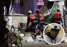 Trabajadores en la zona del derrumbe y una imagen de Abdoulaye Diop