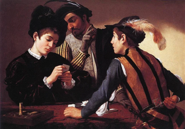 “玩牌者”。卡拉瓦乔。（1594 年）。金贝尔博物馆。沃斯堡。德克萨斯州。美国