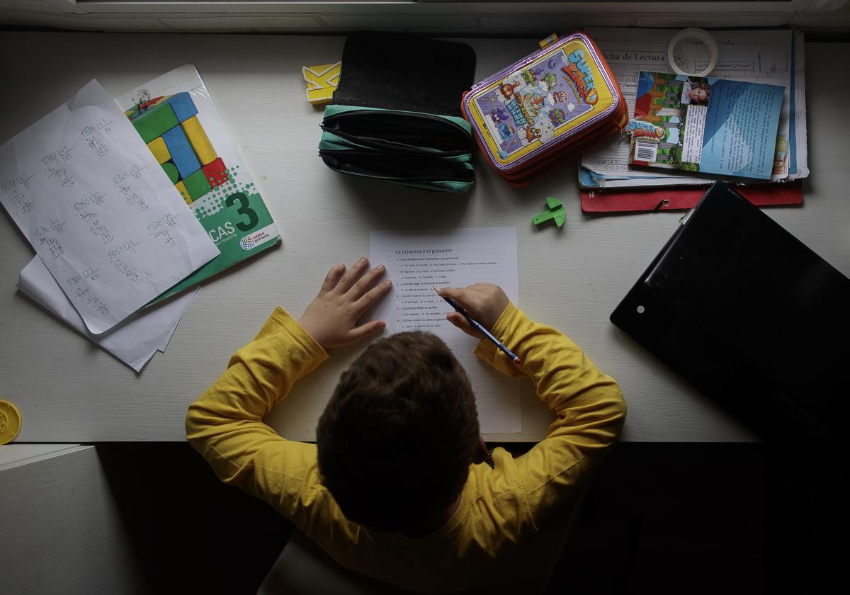 Un niño de primaria, haciendo los deberes en casa.