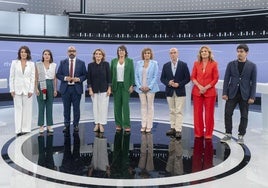 Los nueve candidatos de los principales partidos españoles a las elecciones europeas del 9-J, que participaron este jueves en el debate de RTVE.