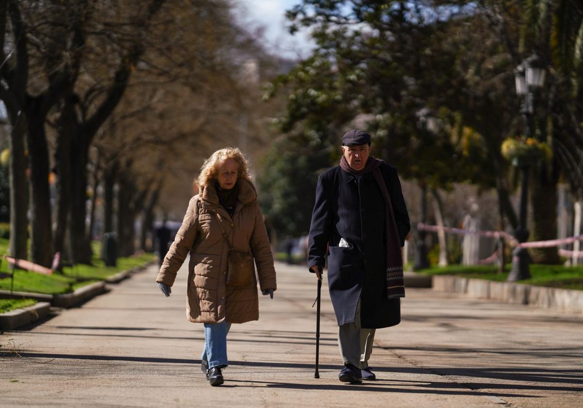 Una pareja de jubilados, paseando por un parque.