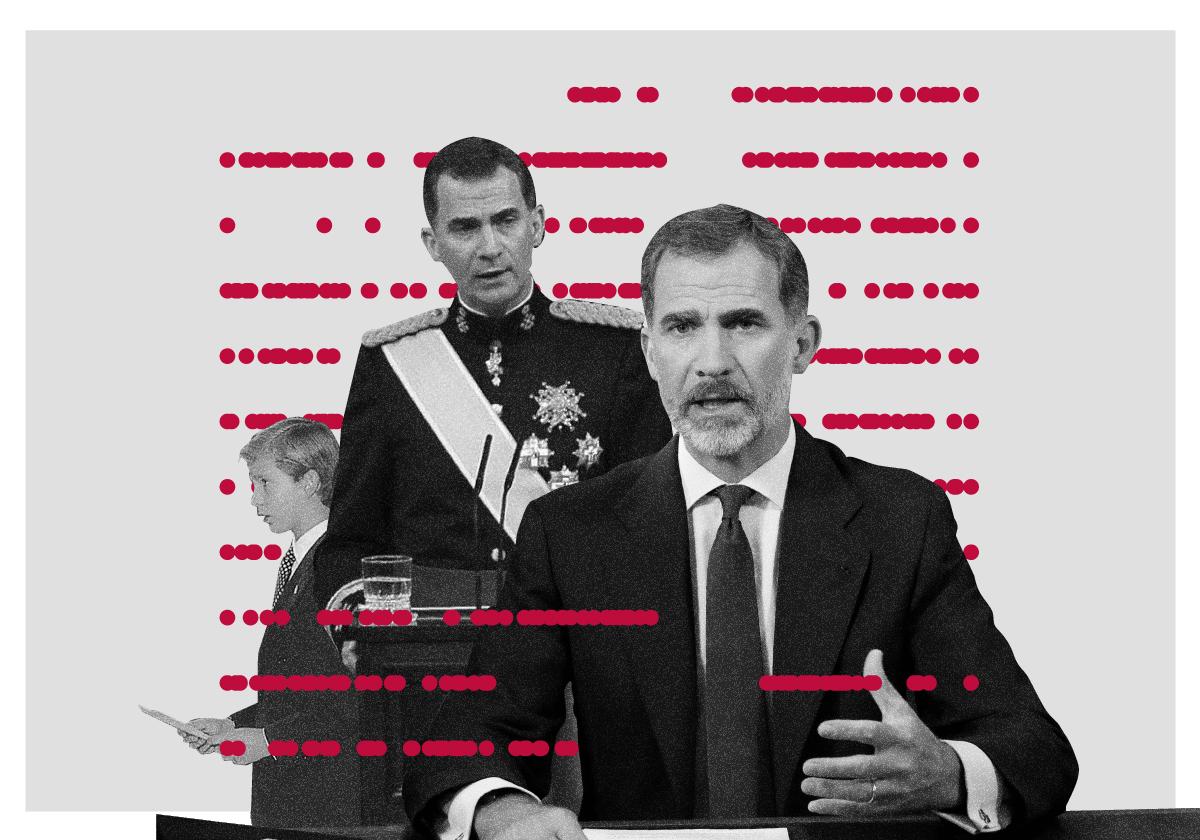 Ilustración que representa al rey Felipe VI en distintos discursos durante su trayectoria.