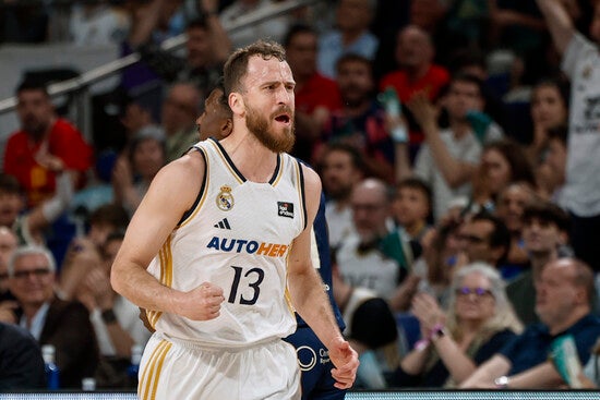 Sergio Rodríguez celebra un triple durante la final de la Liga Endesa