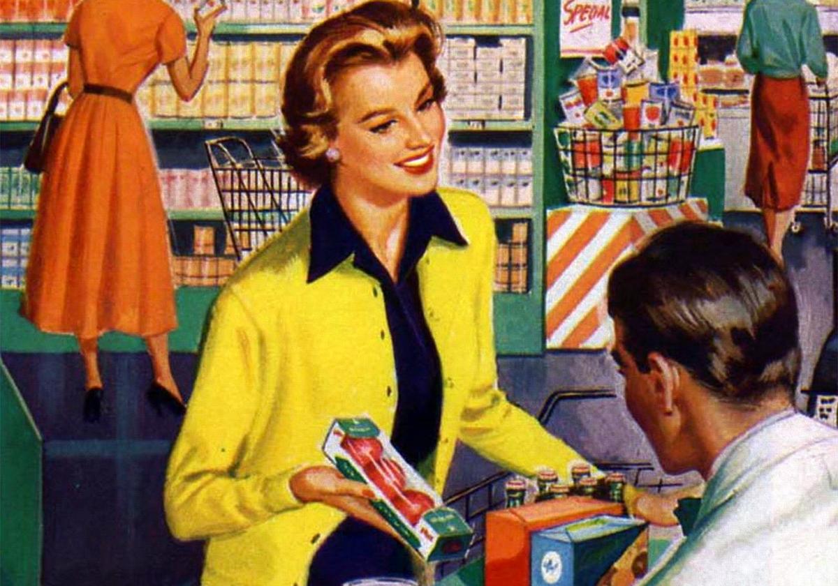 Ilustración de un Supermercado de EEUU durante los años 50.