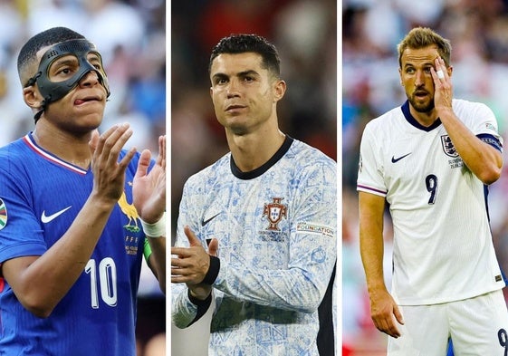 Kylian Mbappé, Cristiano Ronaldo y Harry Kane.