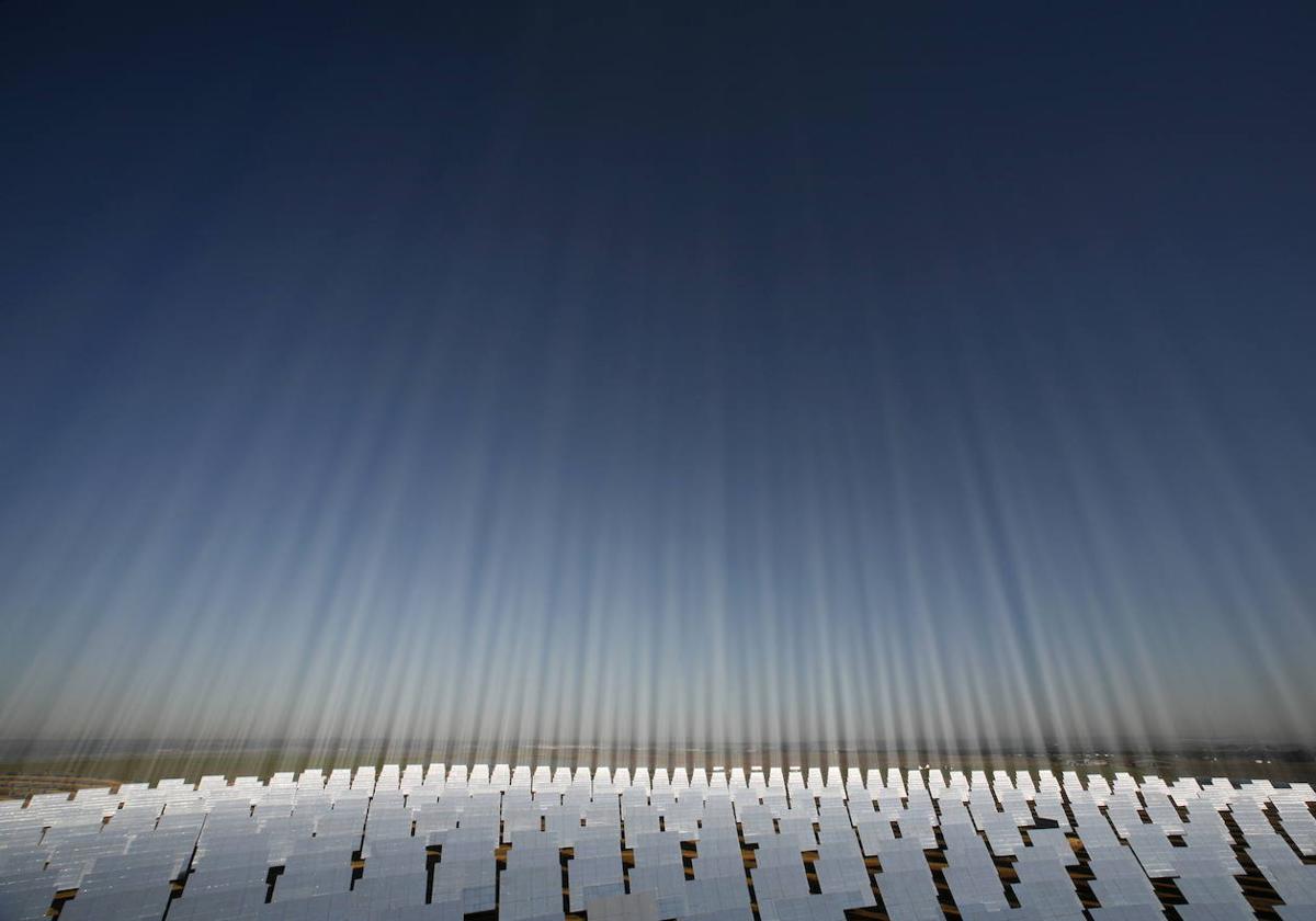 Paneles fotovoltaicos alineados en el parque de energía solar de Sanlúcar La Mayor, en Sevilla