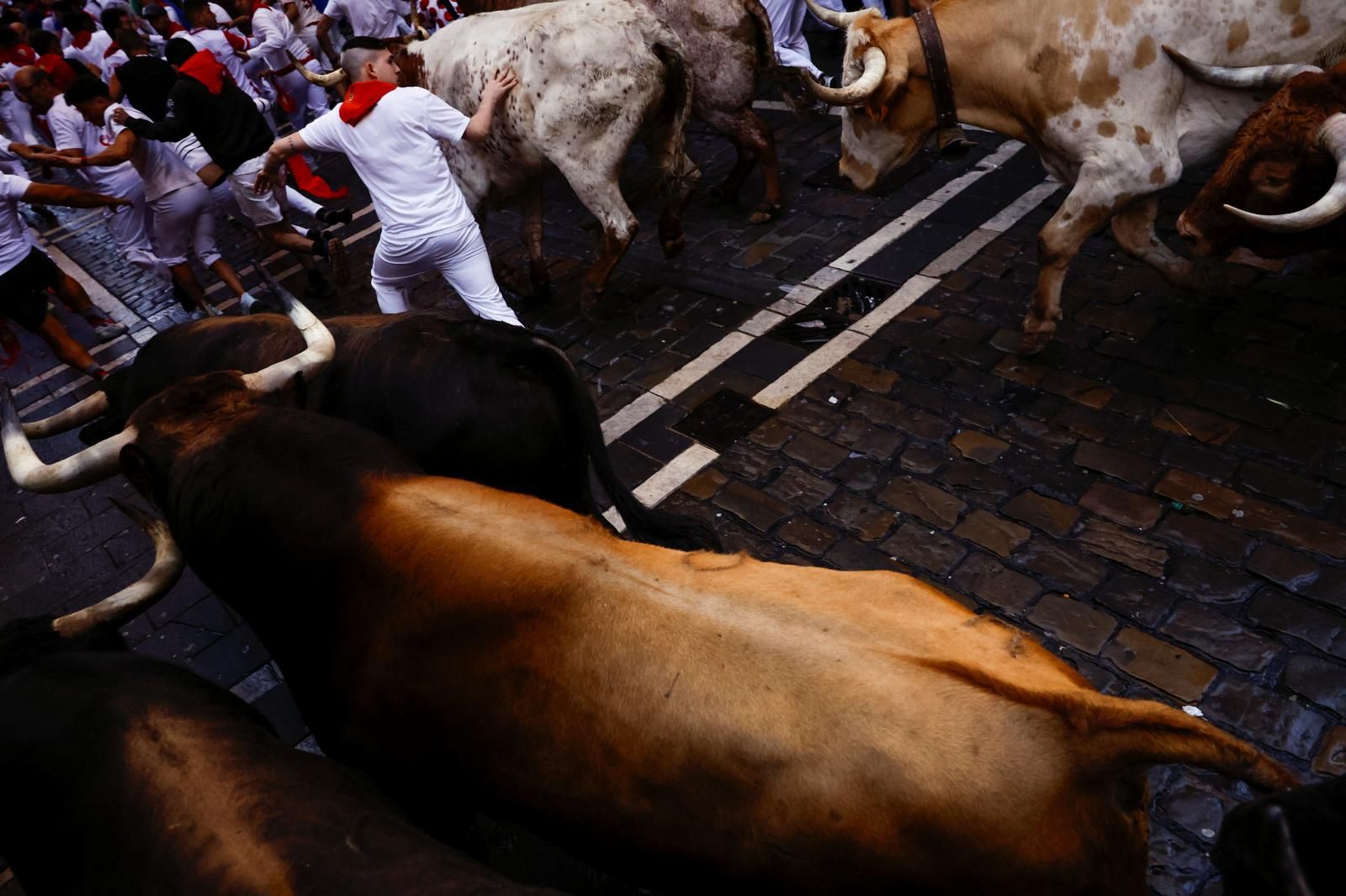 Cubierta la curva de Estafeta, el grupo se ha ido estirando a lo largo de la calle, dando espacio para que los mozos pudieran situarse delante de las astas de los toros.