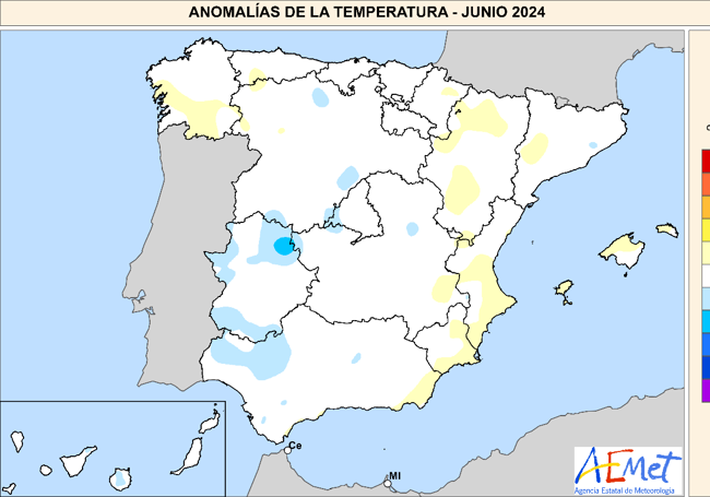 Anomalías de temperatura. En azul, las zonas donde hizo más frío del normal, que ocupa la franja blanca.