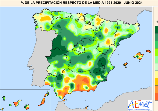 Lluvias respecto a la media. En verde las zonas donde llovió más de lo normal.