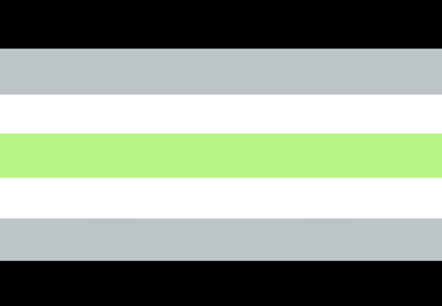 Representa a personas que se sienten desconectadas de cualquier género y experimentan una ausencia de género. El gris simboliza la neutralidad, el verde representa la conexión con la naturaleza, y el blanco representa la «agénero».