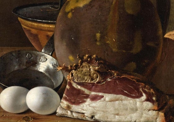 Detalle de 'Bodegón con jamón, huevos y recipientes', de Luis Egidio Meléndez (s. XVIII).