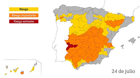 Casi todo el país bajo aviso naranja y amarillo por la ola de calor y alerta roja en parte de Extremadura