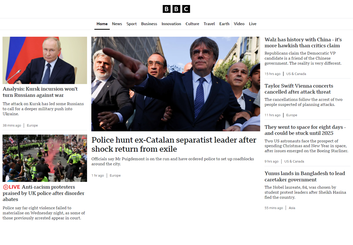 Puigdemont eclipsa a los disturbios en Reino Unido en la web de la BBC.