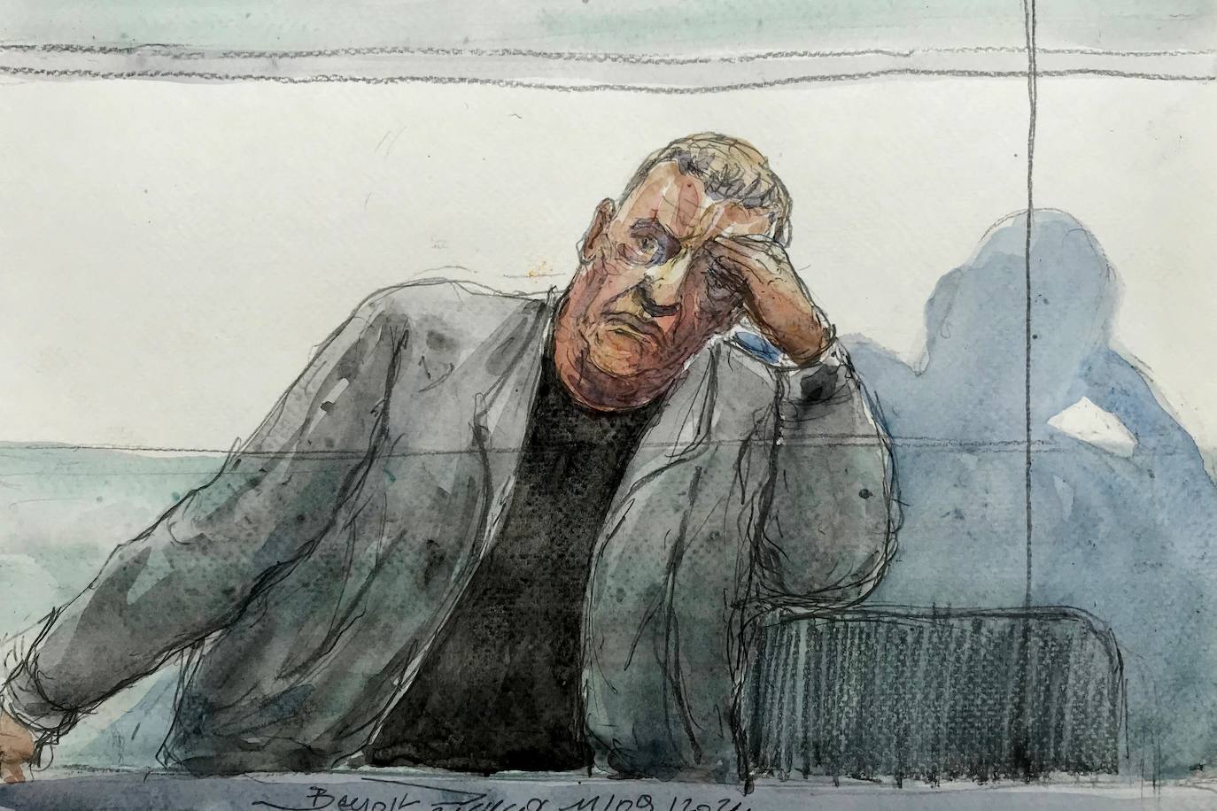 Dibujo del acusado, Dominique Pelicot, durante el juicio.