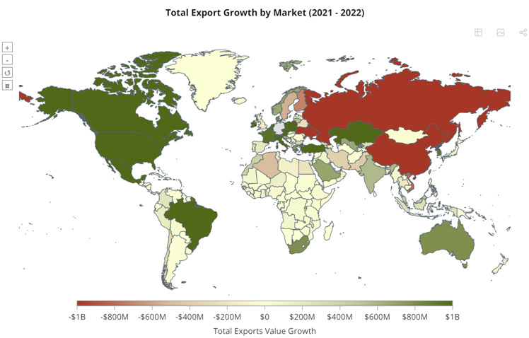 German exports: in red, where they are falling; in green, where they are rising.