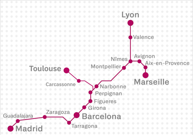 Mapa de las rutas y conexiones de Renfe entre España y Francia.