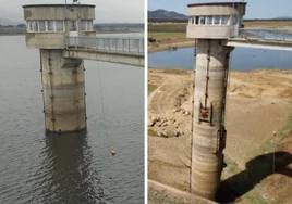 Comparación del embalse de Sierra Boyera en Córdoba: a la izquierda, a día de hoy al 56% de su capacidad y a la derecha, vacío hace un año.