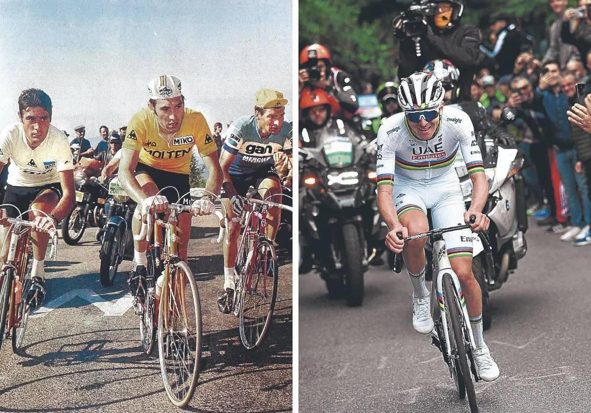 A la izquierda, Eddy Merckx, escoltado por Luis Ocaña y Raymond Poulidor en el Tour de 1972. Y a la derecha, Tadej Pogacar, en su cabalgada en solitario con el maillot arcoíris en el Giro de Lombardía.