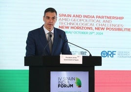 El presidente del Gobierno, Pedro Sánchez, interviene en el Foro Empresarial Spain-India Business Summit, este martes en Bombay