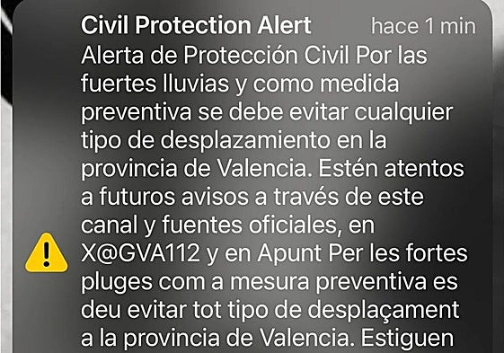 Mensaje de alerta de Protección Civil que llegó a los teléfonos móviles de los valencianos a las 20.12 del martes.